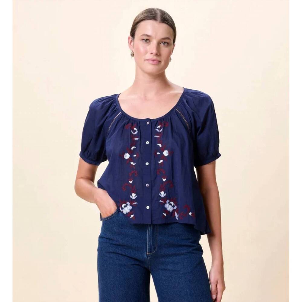 NEW CLEOBELLA adeline short sleeve blouse in navy multi